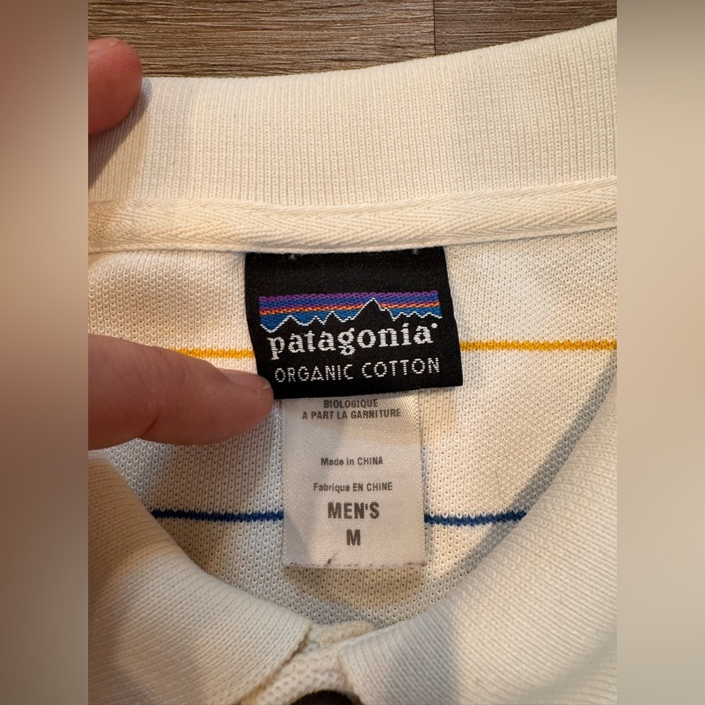 Patagonia Men’s White Striped Organic Cotton Polo T-Shirt Medium - Picture 3 of 5